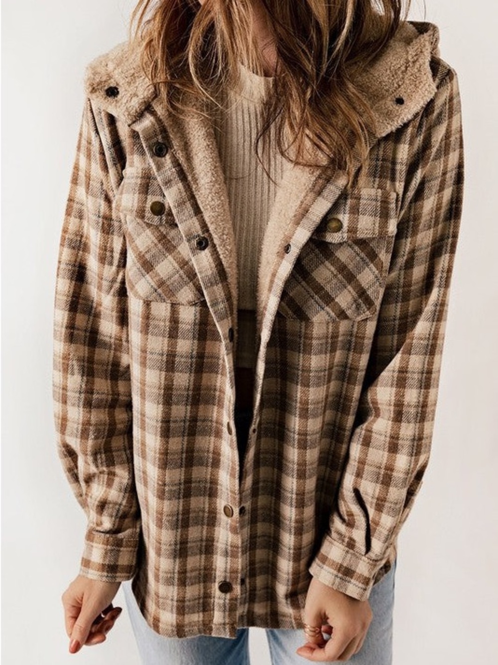Cozy Plaid Hooded Shacket - Beige